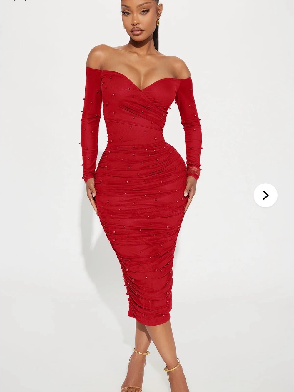 Fashion Nova Red Ruched Beaded Midi Dress